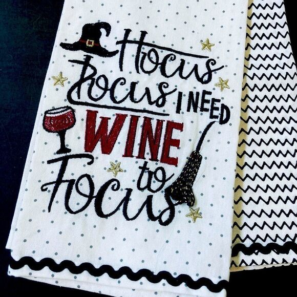 Halloween Hocus Pocus Wine Witch Fall Kitchen Dish Towels - Picture 1 of 3